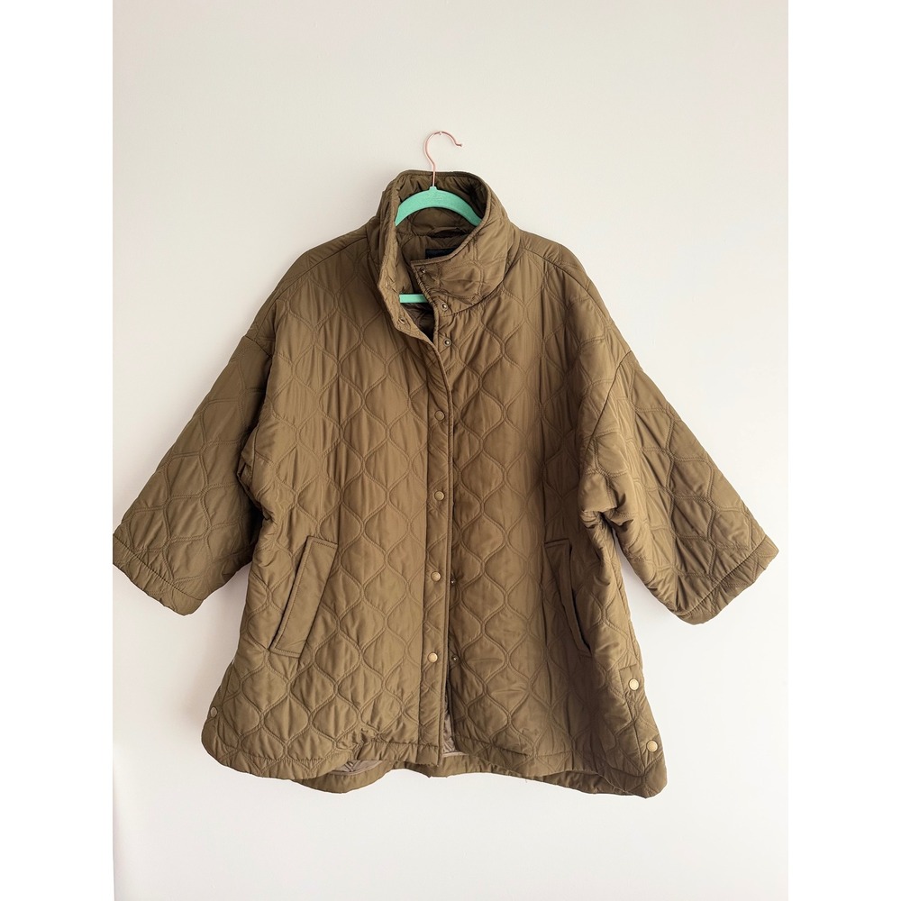 Talbots Olive Green Quilted Funnel Neck Capelet Jacket Luxe Gorpcore 1X PLUS